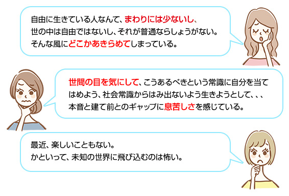 自由に生きている人なんて、まわりには少ないし、世の中は自由ではないし、それが普通ならしょうがない。そんな風にどこかあきらめて</strong>しまっている。/世間の目を気にして、こうあるべきという常識に自分を当てはめよう、社会常識からはみ出ないよう生きようとして、、、本音と建て前とのギャップに息苦しさを感じている。/最近、楽しいこともない。かといって、未知の世界に飛び込むのは怖い。